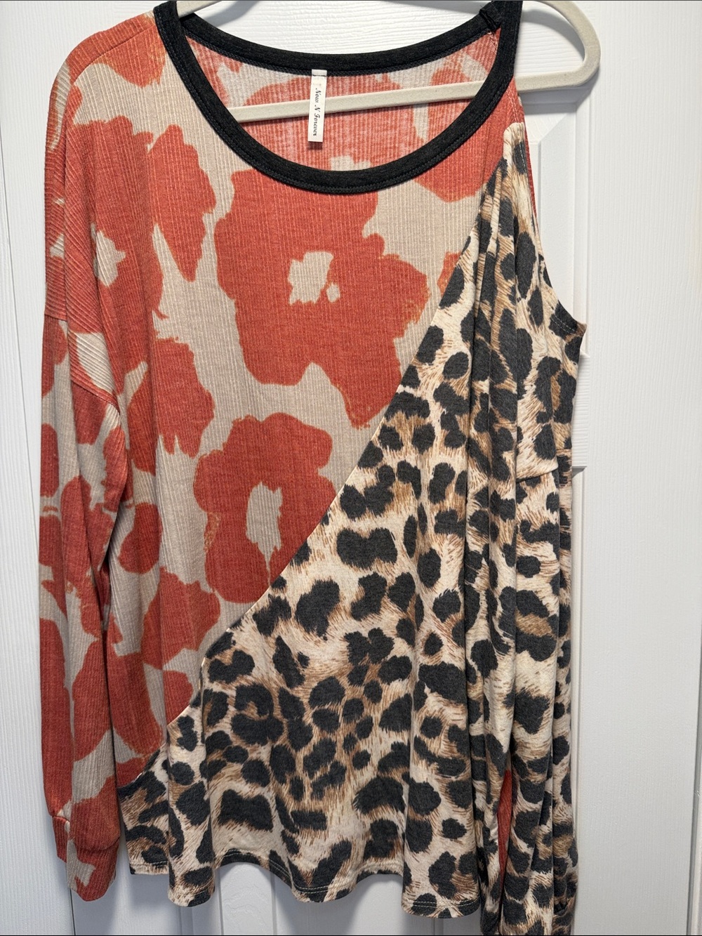 Mixed Print Cold-Shoulder Long Sleeve Top in Rust & Leopard